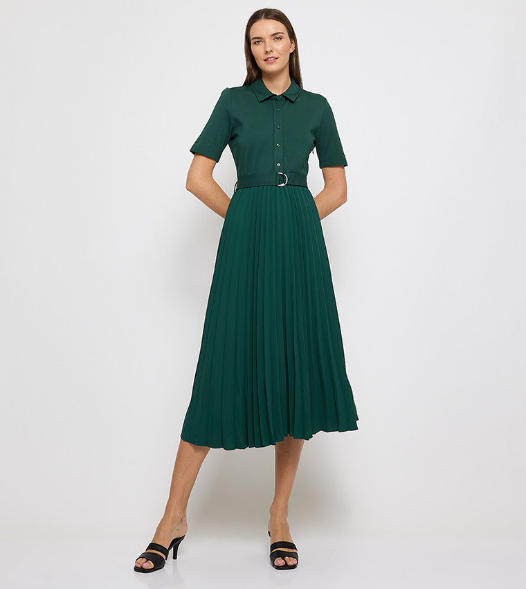 Buy Tommy Hilfiger Pleated Short Sleeves Shirt Dress In Green | 6thStreet  Kuwait