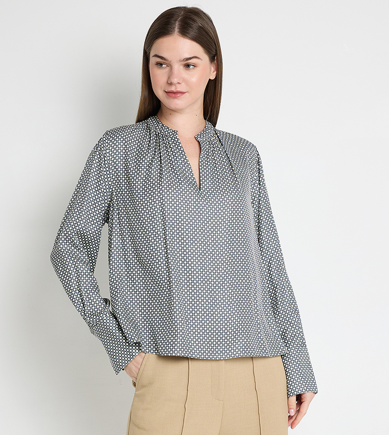 Patterned Stand Collar Top