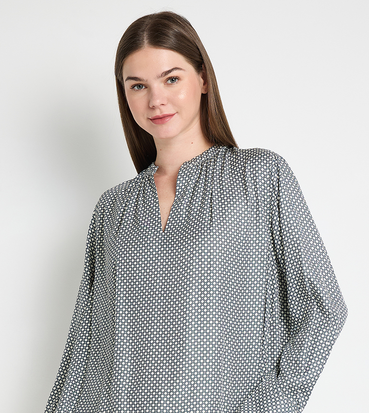 Patterned Stand Collar Top