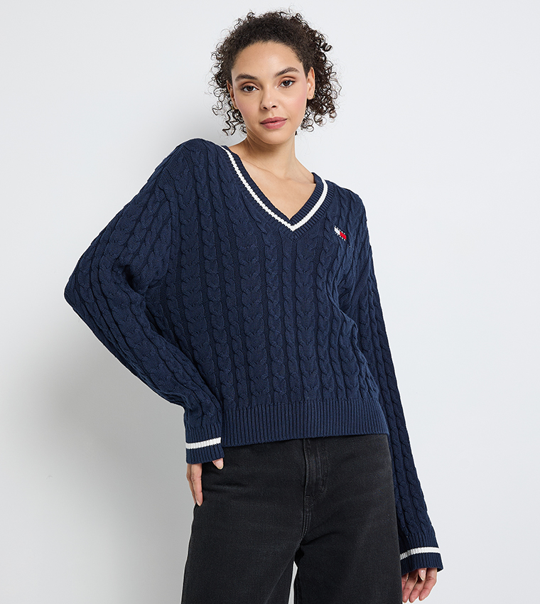 Logo Detail Cable Knit V-Neck Sweater