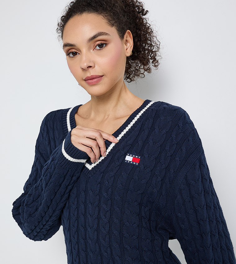 Logo Detail Cable Knit V-Neck Sweater