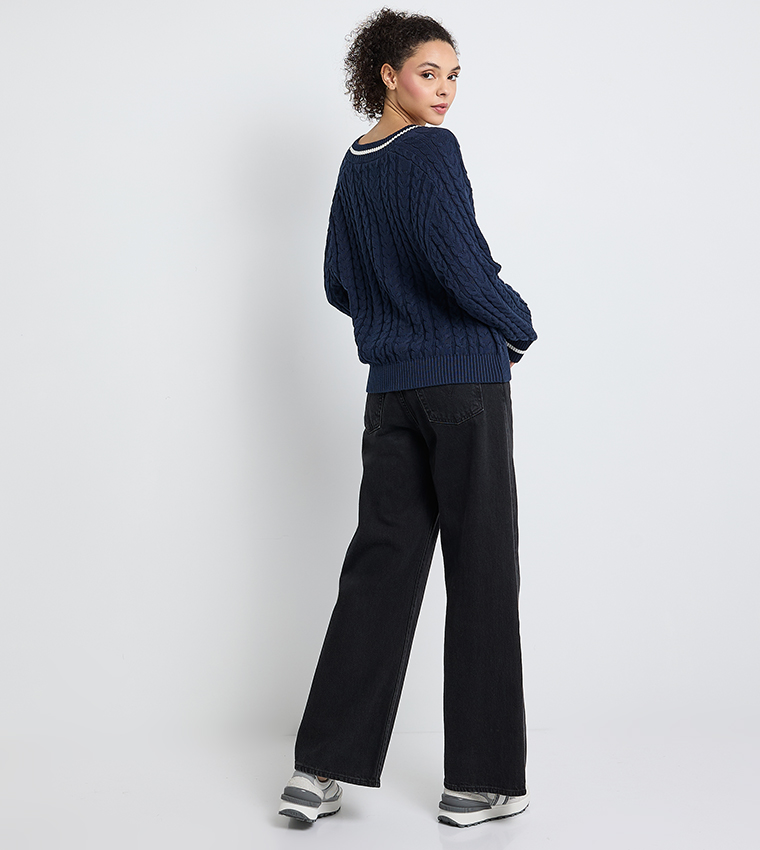 Logo Detail Cable Knit V-Neck Sweater