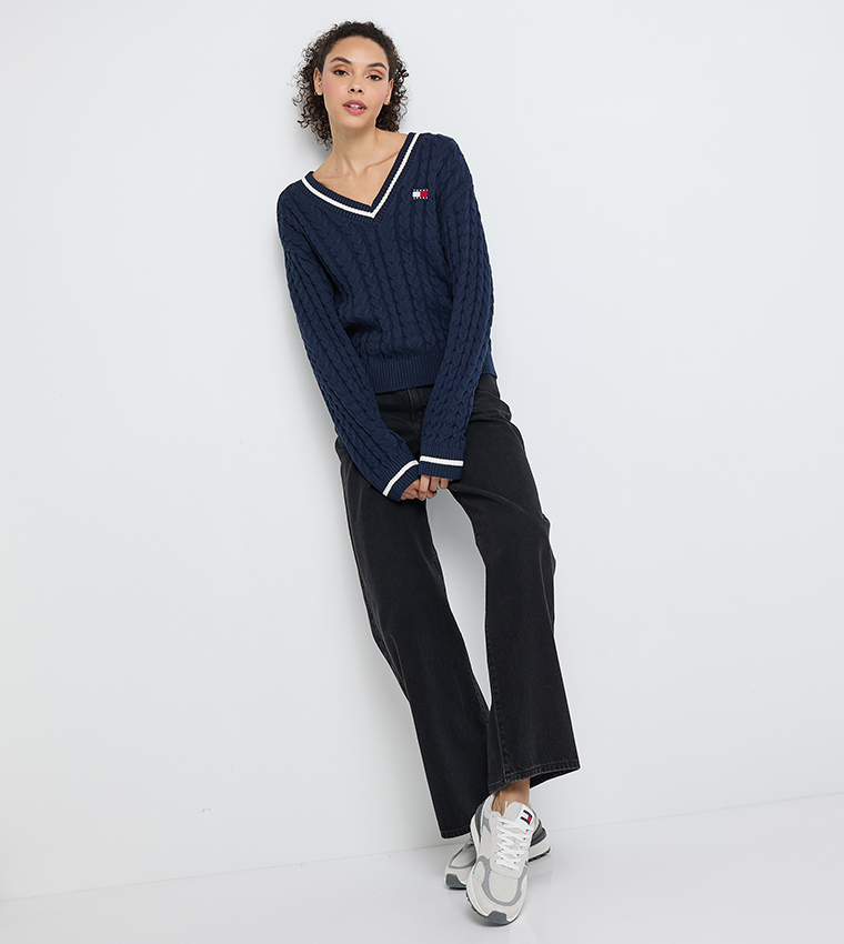 Logo Detail Cable Knit V-Neck Sweater