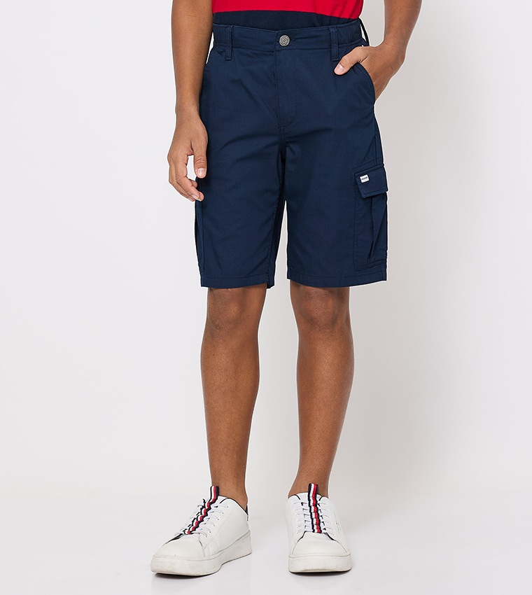 Solid Mid Rise Cargo Shorts