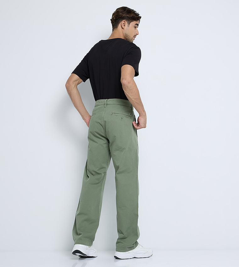 Solid Mid Rise Straight Fit Chinos