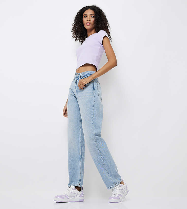 Washed High Rise Straight Fit Jeans