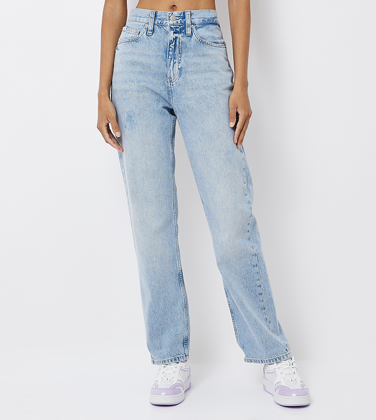 Washed High Rise Straight Fit Jeans