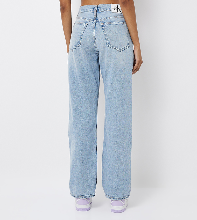 Washed High Rise Straight Fit Jeans
