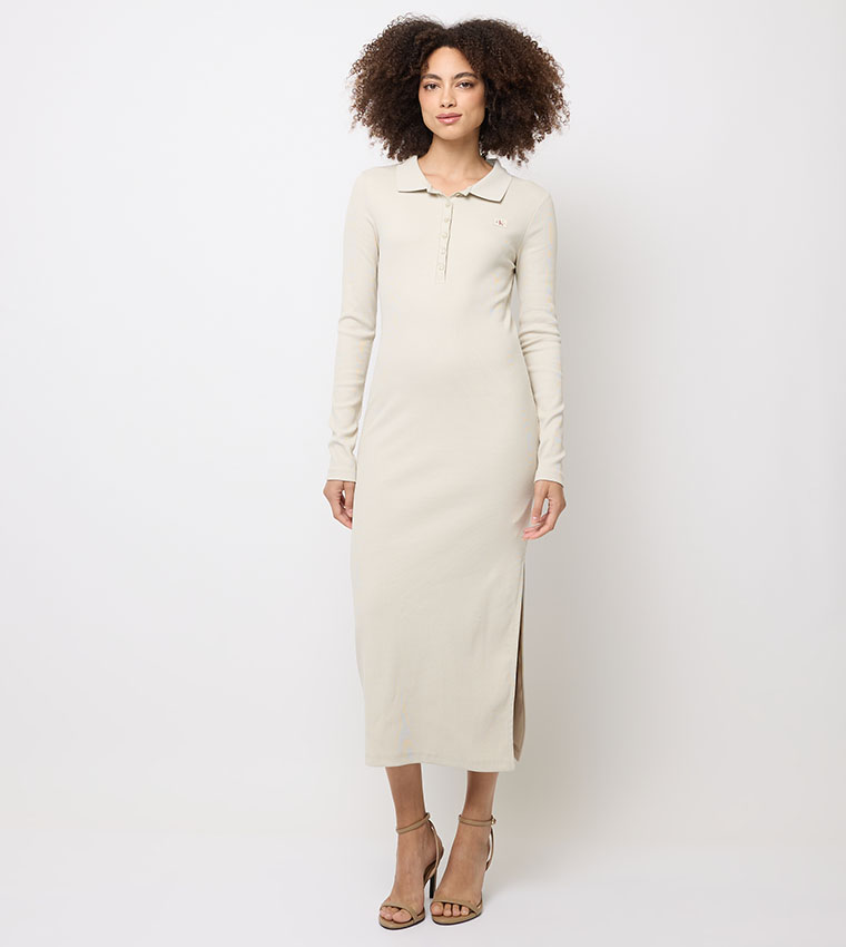 Ribbed Collared Slit Midi Dress