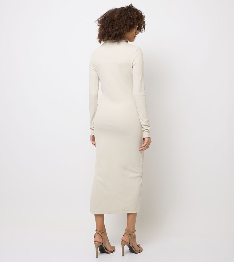 Ribbed Collared Slit Midi Dress