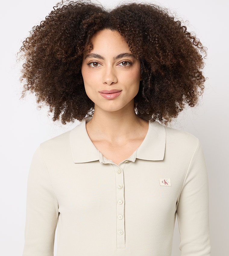 Ribbed Collared Slit Midi Dress