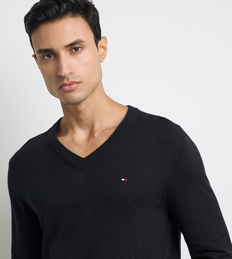 Flag Embroidered V-Neck Cashmere Sweater
