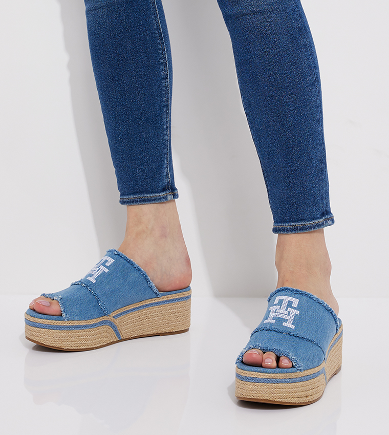 Buy Tommy Hilfiger Monogram Denim Wedge Sandals In Denim