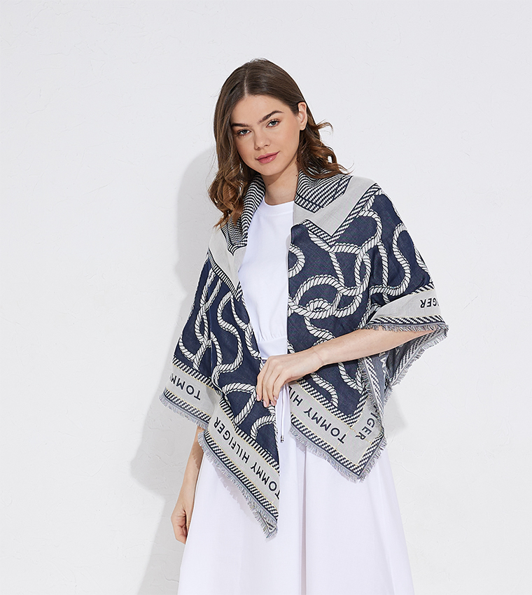 Buy Tommy Hilfiger Logo Patterned Jacquard Scarve In Blue