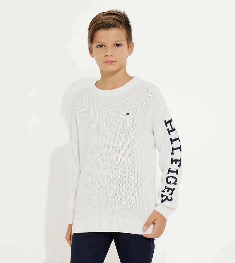 Buy Tommy Hilfiger Kids Logo Detail Knitted Sweater In White
