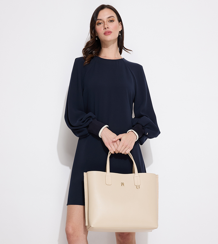 Buy Tommy Hilfiger Textured Logo Detail Tote Bag In Beige