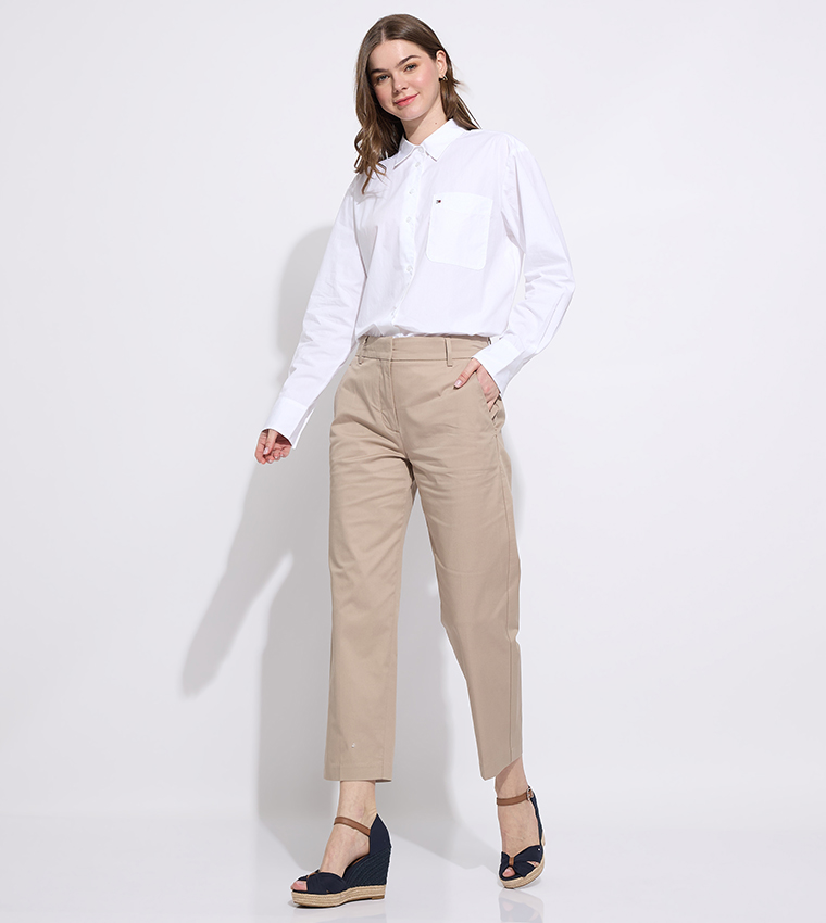 Solid High Waist Slim Fit Trousers