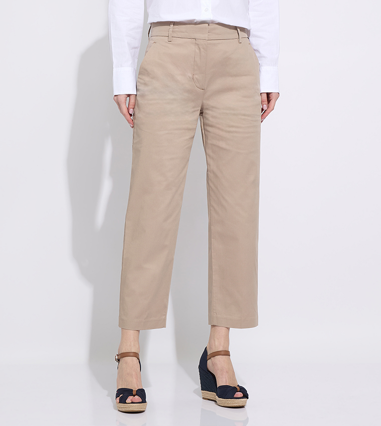 Solid High Waist Slim Fit Trousers