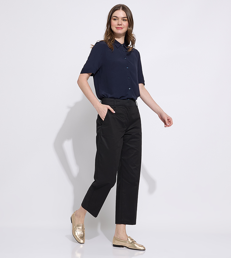 Solid High Waist Slim Fit Trousers