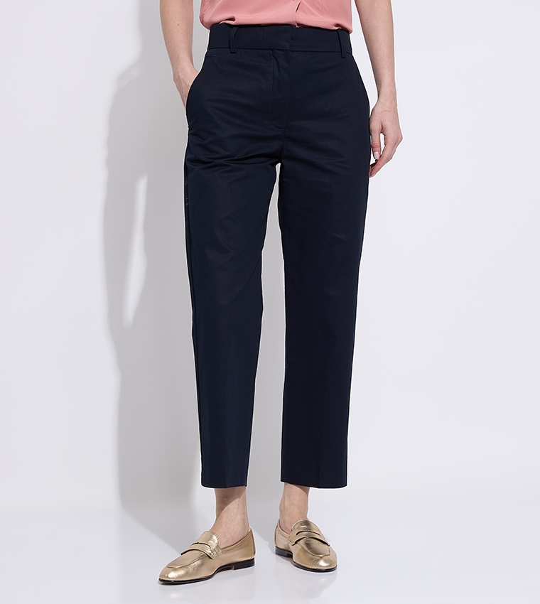 Solid High Waist Slim Fit Trousers