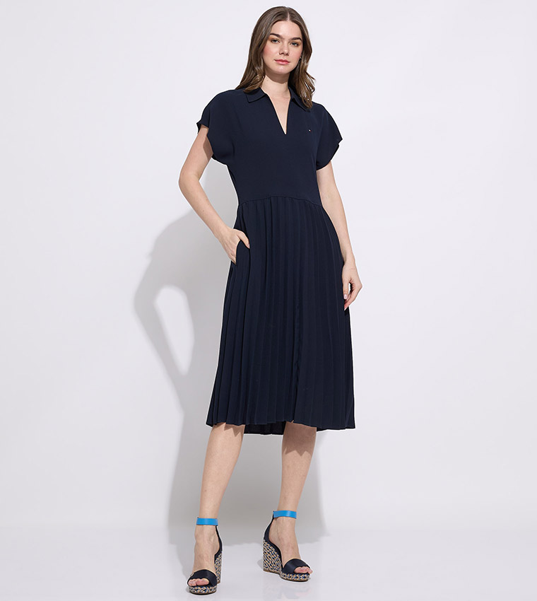 Short Sleeves Pleated Midi Dress