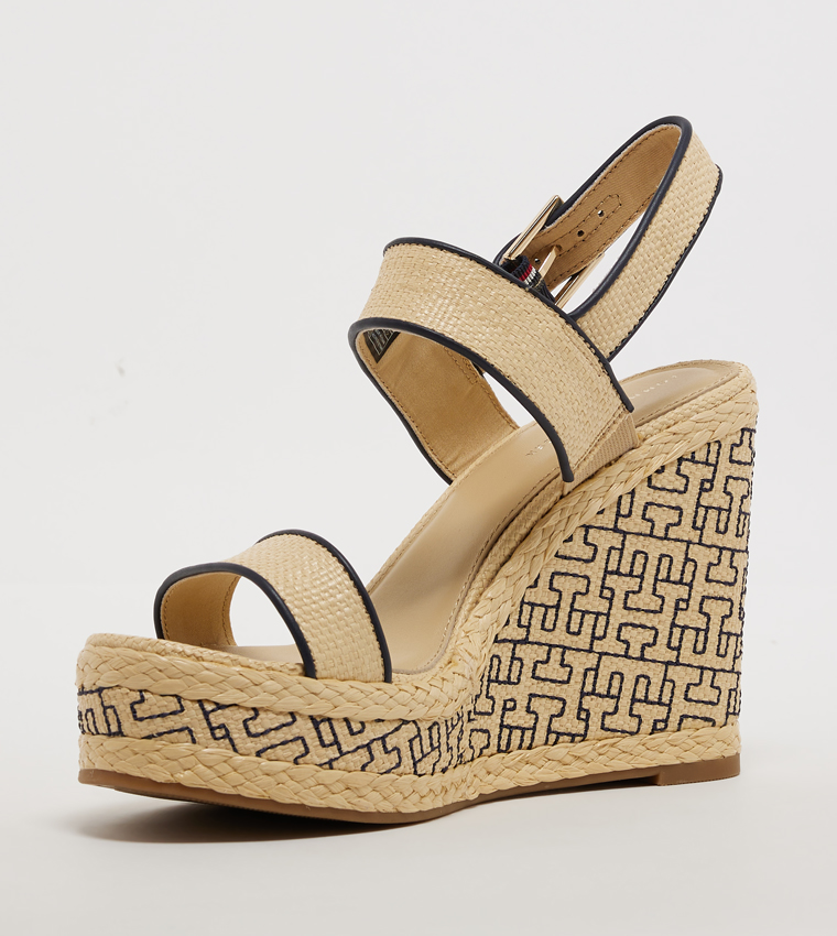 Monogram Detail Open Toe Wedge Sandals