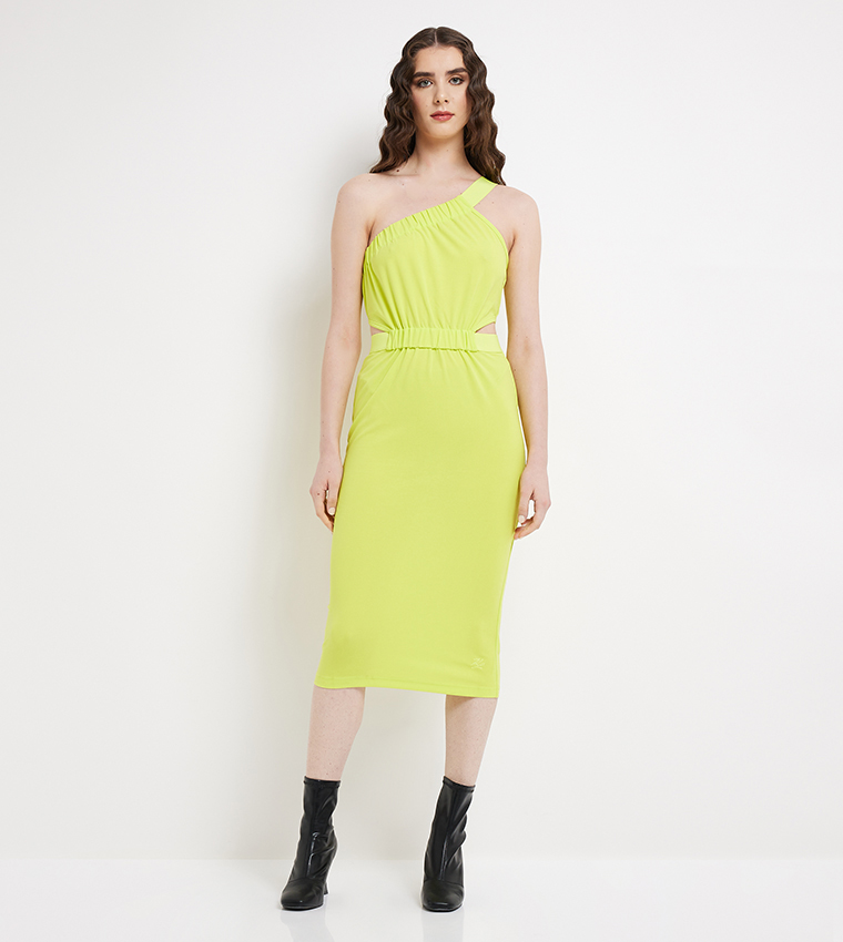 Asymmetric Shoulder Midi Dress