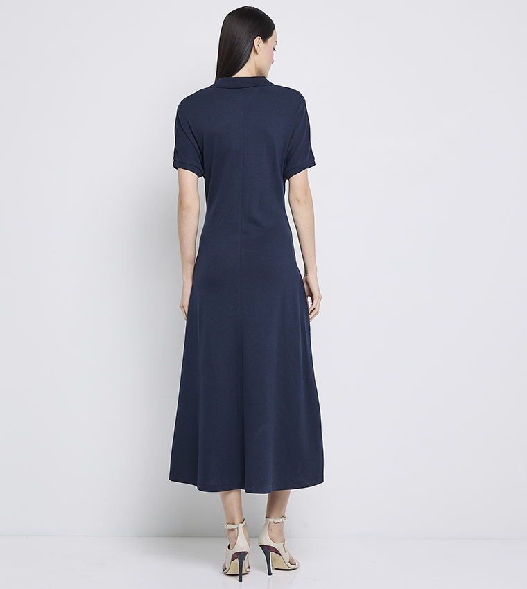 Solid V-Neck Short Sleeves Midi Dress