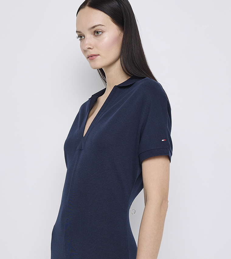 Solid V-Neck Short Sleeves Midi Dress
