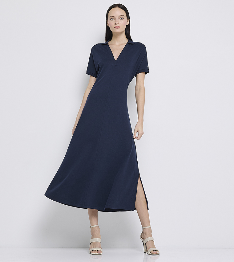 Solid V-Neck Short Sleeves Midi Dress
