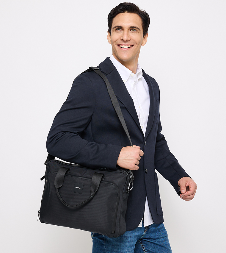 Logo Badge Textured Laptop Bag