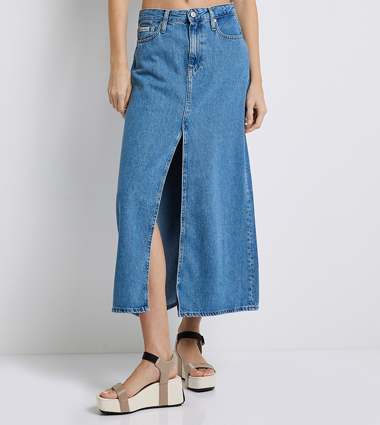 Washed A-Line Maxi Denim Skirt