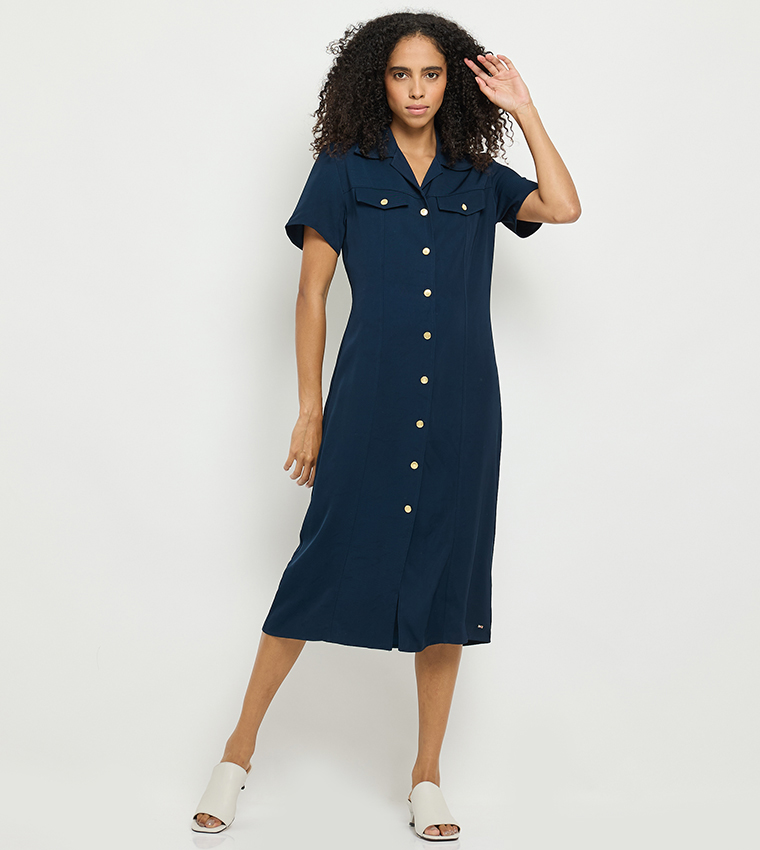 Faux Pocket Detail Midi Shirt Dress