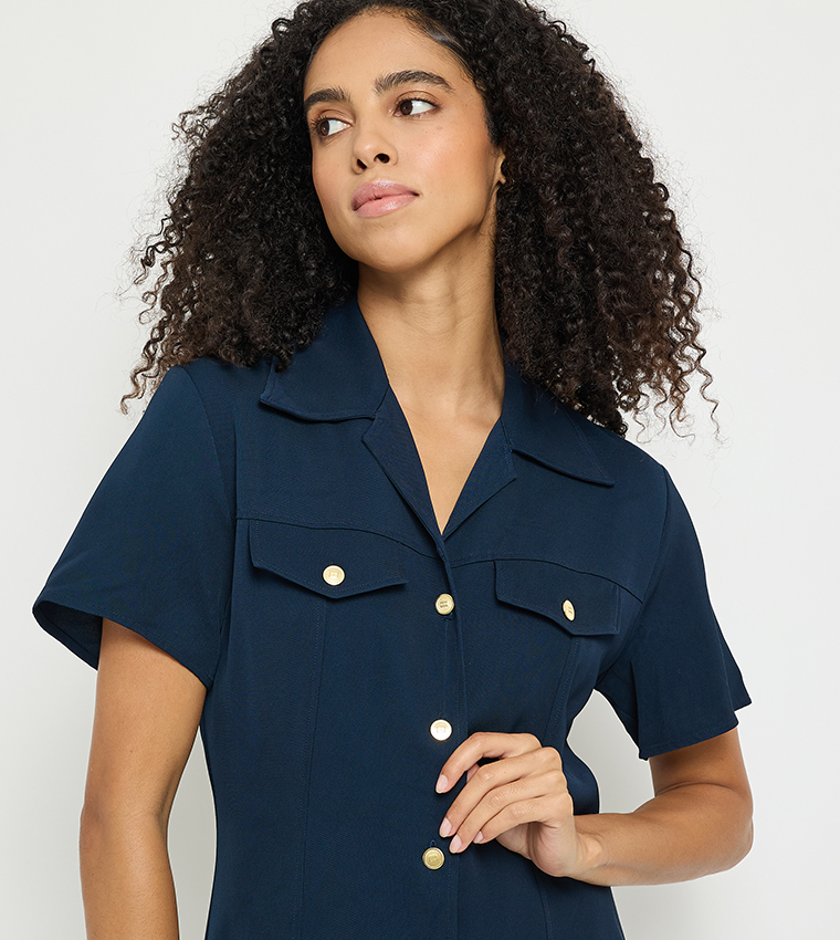Faux Pocket Detail Midi Shirt Dress