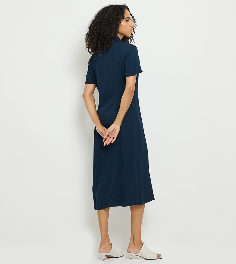 Faux Pocket Detail Midi Shirt Dress