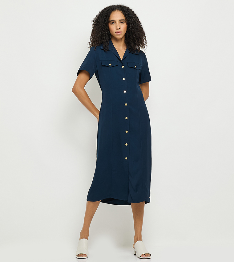 Faux Pocket Detail Midi Shirt Dress