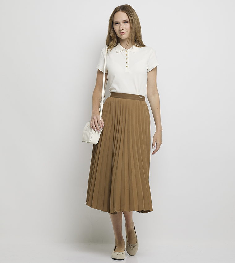 Solid Elastic Waist Pleated Midi Skirt