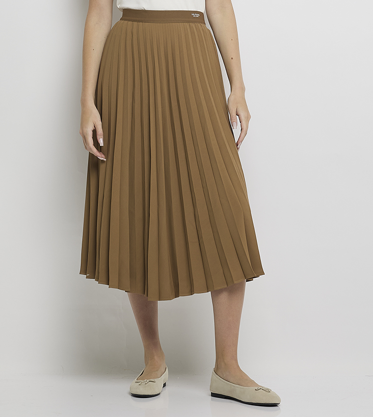 Solid Elastic Waist Pleated Midi Skirt