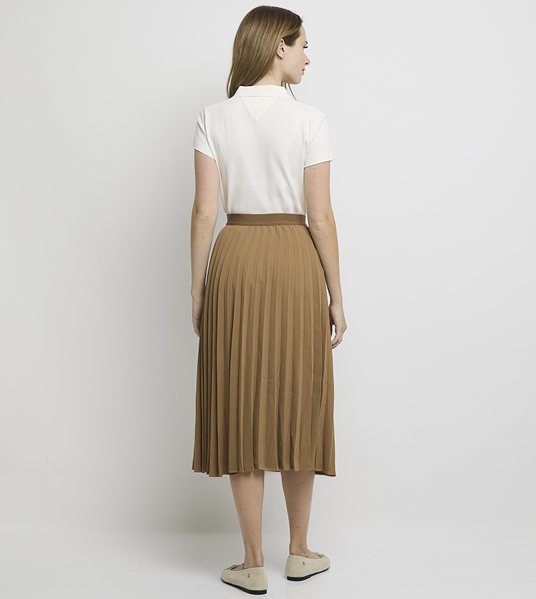 Solid Elastic Waist Pleated Midi Skirt