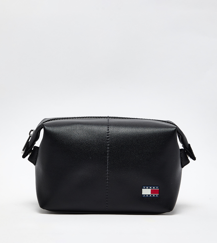 Flag Detail Leather Toiletry Bag
