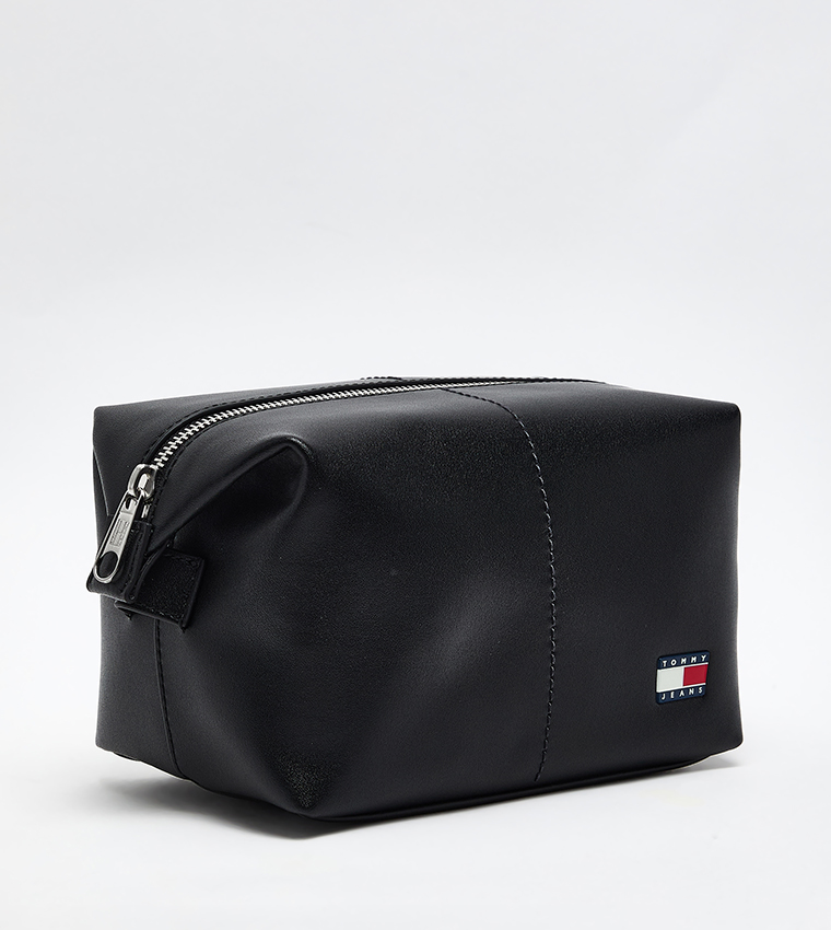 Flag Detail Leather Toiletry Bag