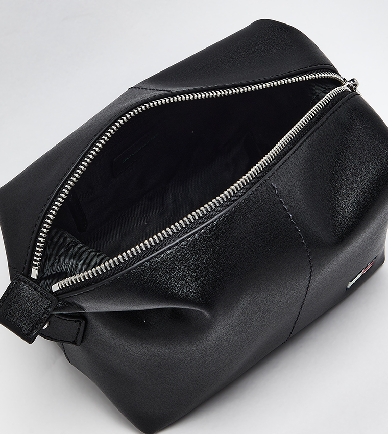 Flag Detail Leather Toiletry Bag