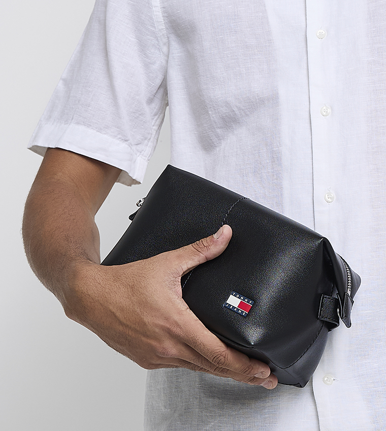 Flag Detail Leather Toiletry Bag