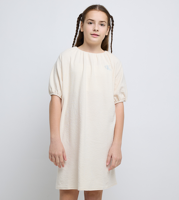 Logo Embroidered Crinkle Ceremonial Mini Dress