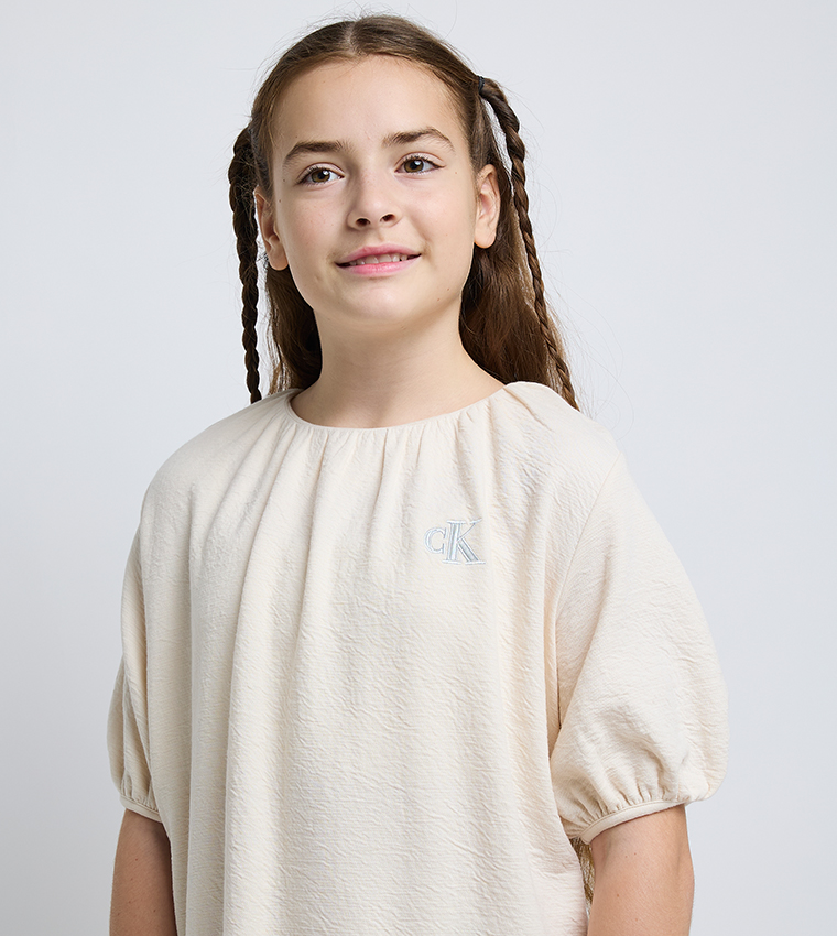 Logo Embroidered Crinkle Ceremonial Mini Dress
