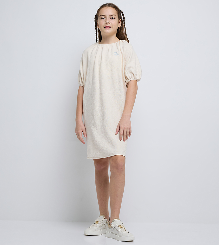 Logo Embroidered Crinkle Ceremonial Mini Dress
