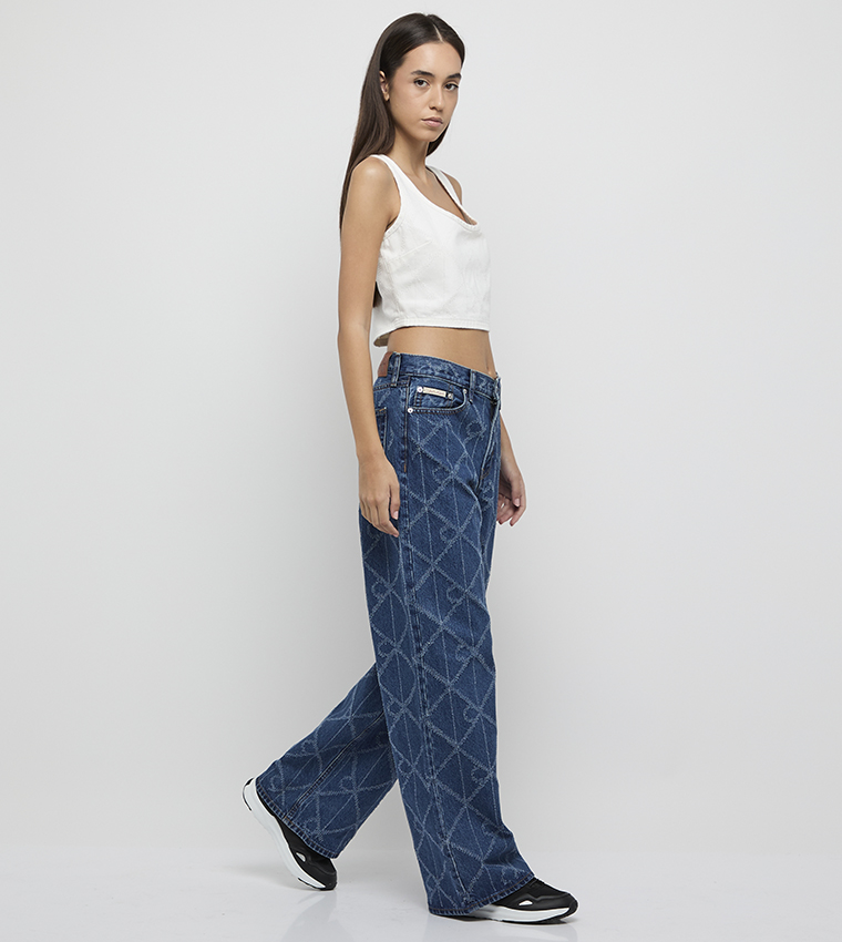 Logo Patterned Low Rise Baggy Fit Jeans