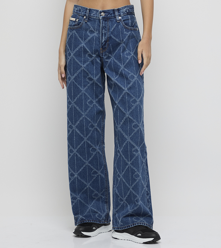 Logo Patterned Low Rise Baggy Fit Jeans