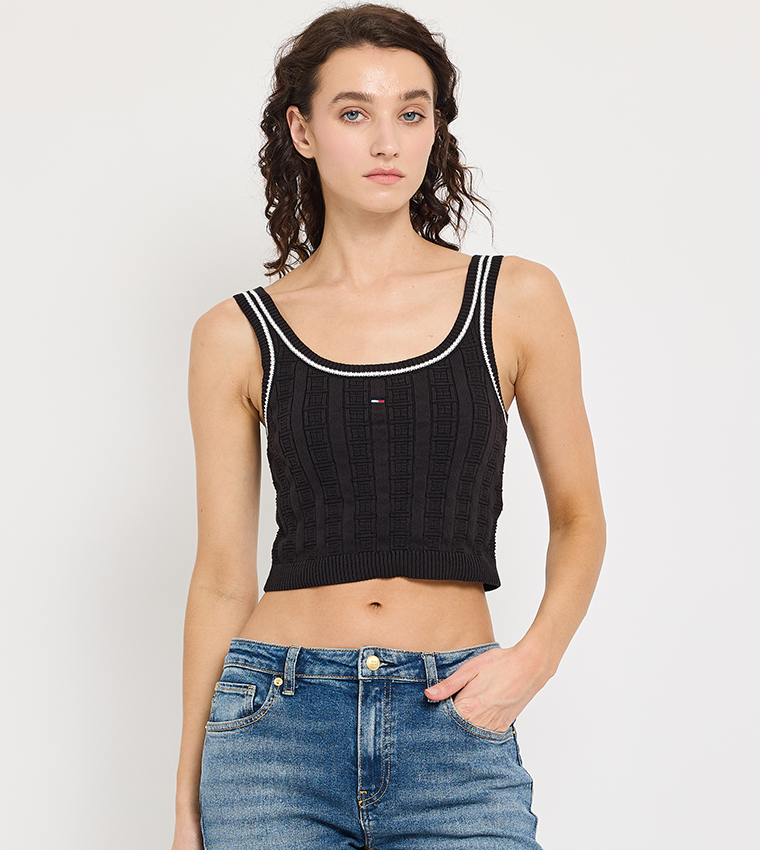 Flag Detail Sleeveless Knit Crop Top