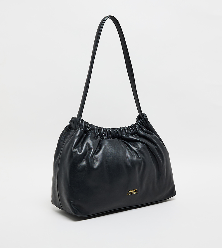 Buy Tommy Hilfiger Ruched Soft Leather Shoulder Bag In Black